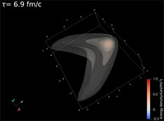 Video still showing a supersonic Mach wave as it evolves in an expanding quark-gluon plasma