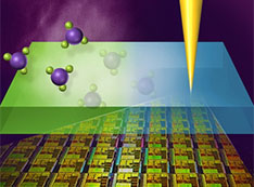 Illustration of Inorganic elements (red) are infused into an existing organic photoresist (blue) on