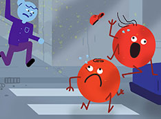 Illustration of two Higgs particles running away from a scientist