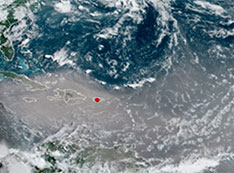 Satellite image showing large dust plume over the Caribbean