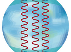 Quarks, shown as blue spheres, lining up with red ripple lines