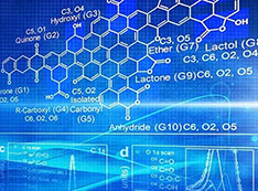 chemical bonds and graphs over a blue gradient grid