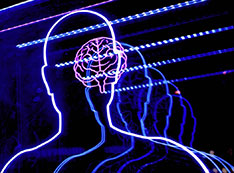 neon lights show the outline of the human body overlayed with an outline of the brain