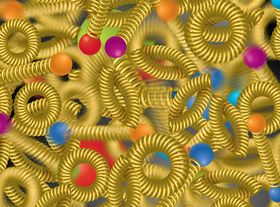 Abstract image of golden spiral springs scattered with colorful spheres