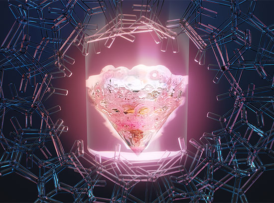 Conceptual art shows the rare earth element promethium in a vial surrounded by an organic ligand