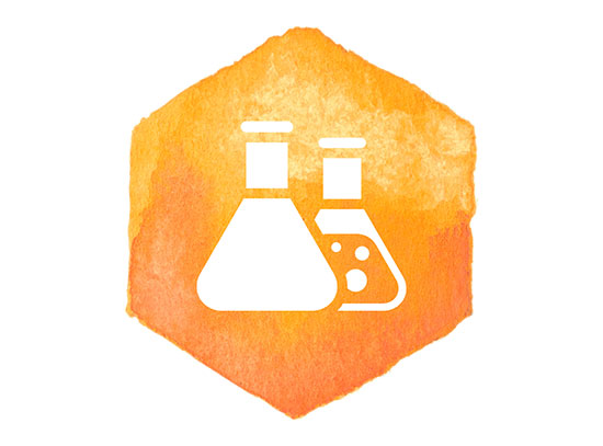Outline of scientific beakers over an orange hexagon background