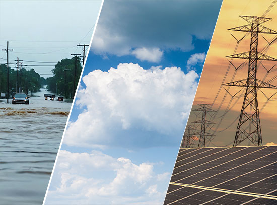 Side-by-side photos of a car driving down a flooded road, clouds againsta blue sky, and power lines