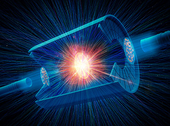 An artistic representation of charged particle tracks streaming from a collision of two uranium nucl