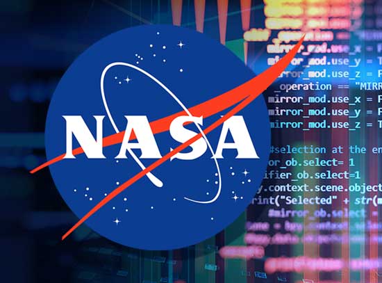 Photo of NASA logo over computer code