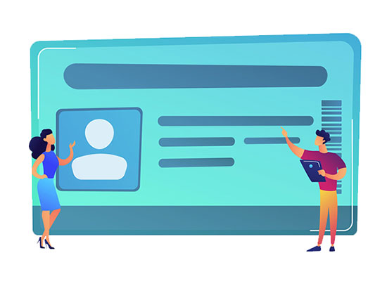 Illustrated oversized ID card with two figures interacting with it.