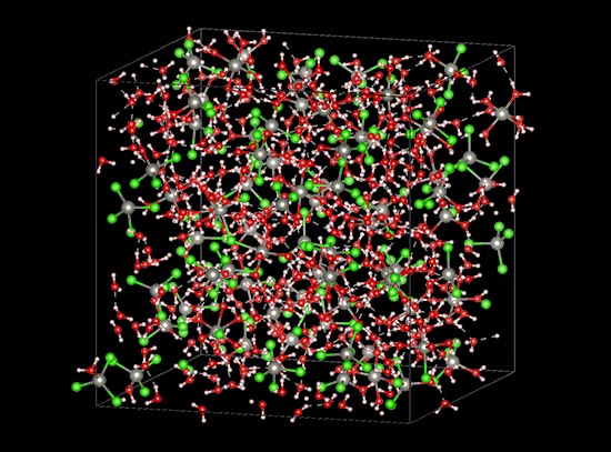 3D molecular model of ions interacting with water molecules.