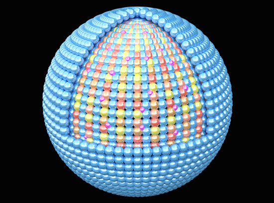 A spherical model of a catalyst with a blue outer shell and multicolored core, representing differen