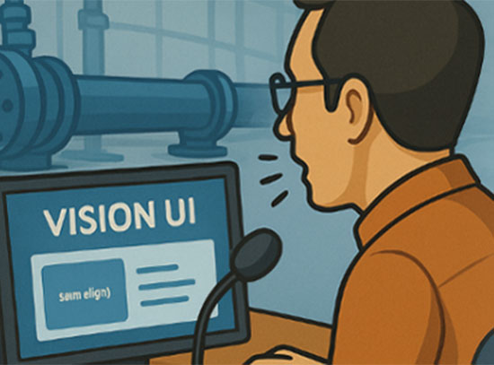 A man uses a computer with "VISION UI" next to a cartoon superhero labeled "VISION As