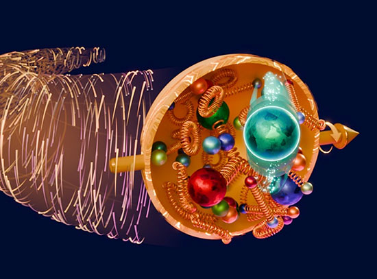 Graphic showing the transverse motion of a quark (green sphere) inside a proton whose spin is aligne