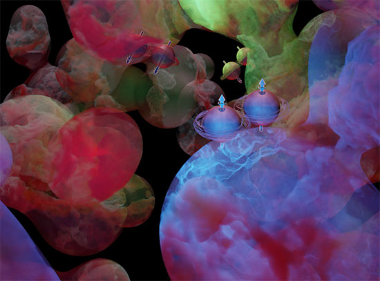 Artistic depiction of energy fields and quark/antiquark pairs in a quantum environment.