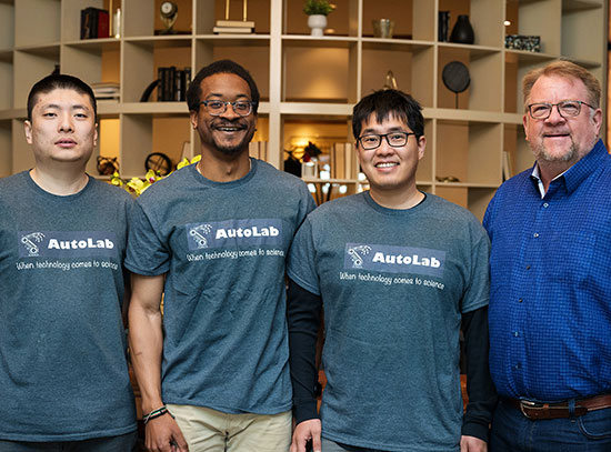 Scientists Yutao Li (left), Raymond Blackwell, and Huandong Chen, and their industry mentor Michael