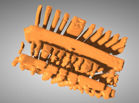 3D reconstruction of an integrated circuit showing internal layers, created using an AI-assisted tom