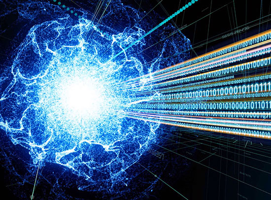 Quantum computing concept illustration with a burst of blue light and string of 0s and 1s