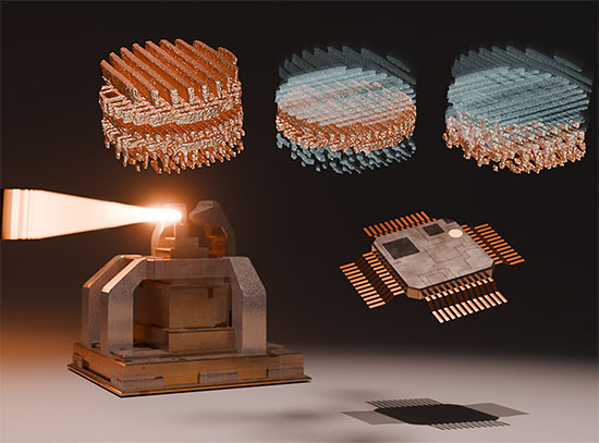 illustration shows multilayer Laue lenses within the microscope focusing incoming X-rays on the micr