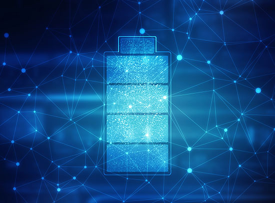 digital illustration shows a glowing battery icon centered against a blue background filled with int