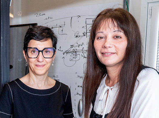 Gabriella Carini and Justine Haupt stand in Brookhaven's Quantum Lighthouse