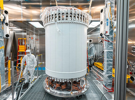 The LUX-ZEPLIN main detector in a surface lab before installation underground.