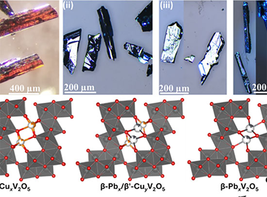 Microscope images of four vanadium oxide crystals with different shapes and colors above atomic stru