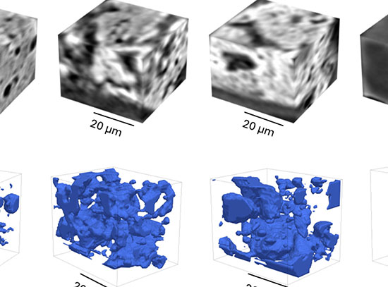 3D reconstructed microstructure (top row) and segmented porosity (bottom row)