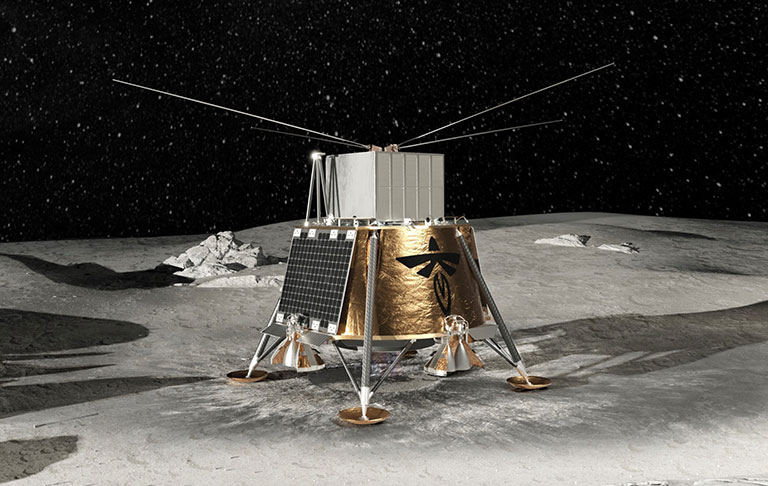 endering shows LuSEE-Night atop the Blue Ghost spacecraft on the moon's surface