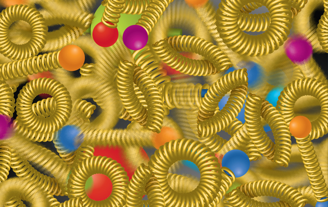 Abstract image of golden spiral springs scattered with colorful spheres