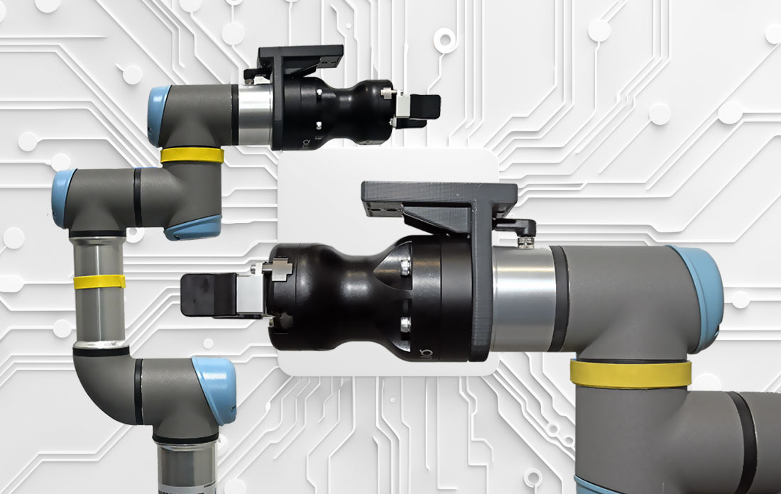 Image of a robot gripper arm over a white circuit board background