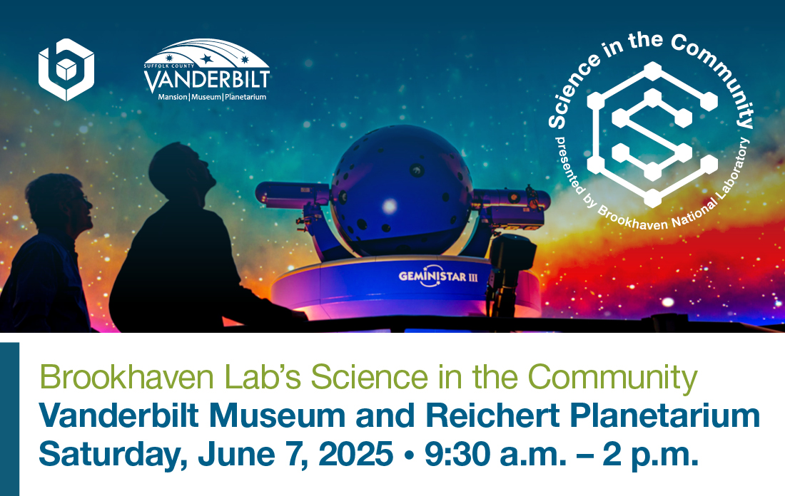 Two silhouetted figures look up at a colorful planetarium display above text" "Brookhaven 