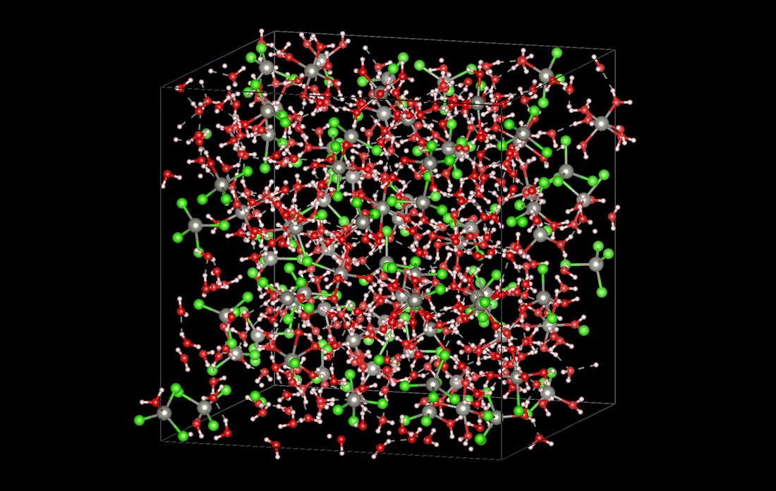 3D molecular model of ions interacting with water molecules.