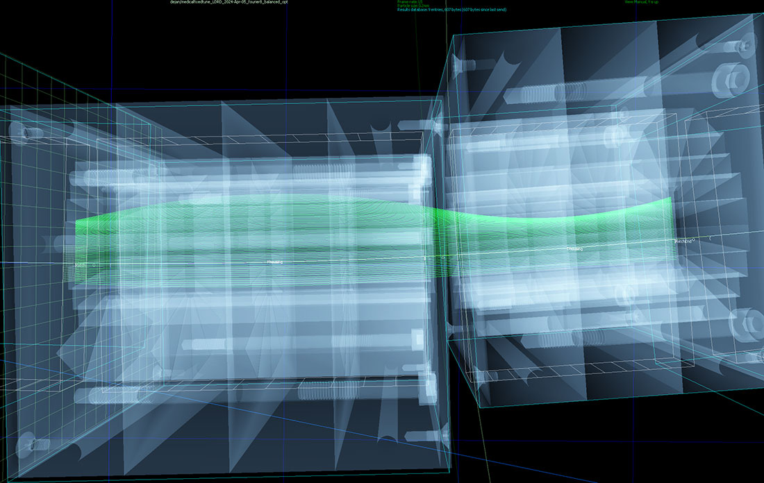 A simulation of the orbits of particle beams (green) moving through a transparent model of two magne
