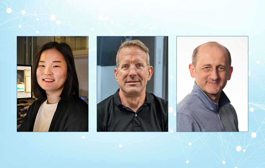 Headshot portraits of Sooyeon Hwang, Kim Kisslinger, and Dmytro Nykypanchuk over a light blue abstra