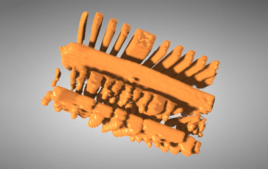 3D reconstruction of an integrated circuit showing internal layers, created using an AI-assisted tom