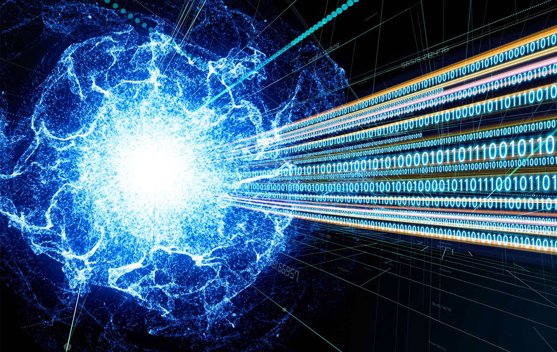 Quantum computing concept illustration with a burst of blue light and string of 0s and 1s
