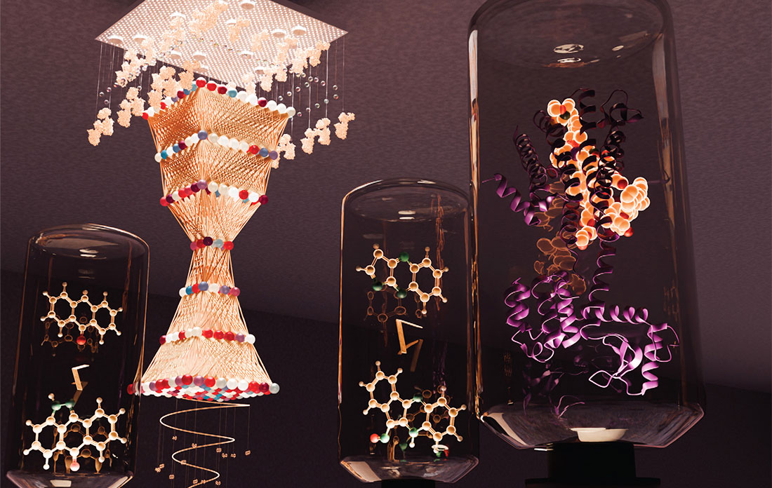 Illustration of AI exploring molecular structures to aid design of new drugs and advanced materials