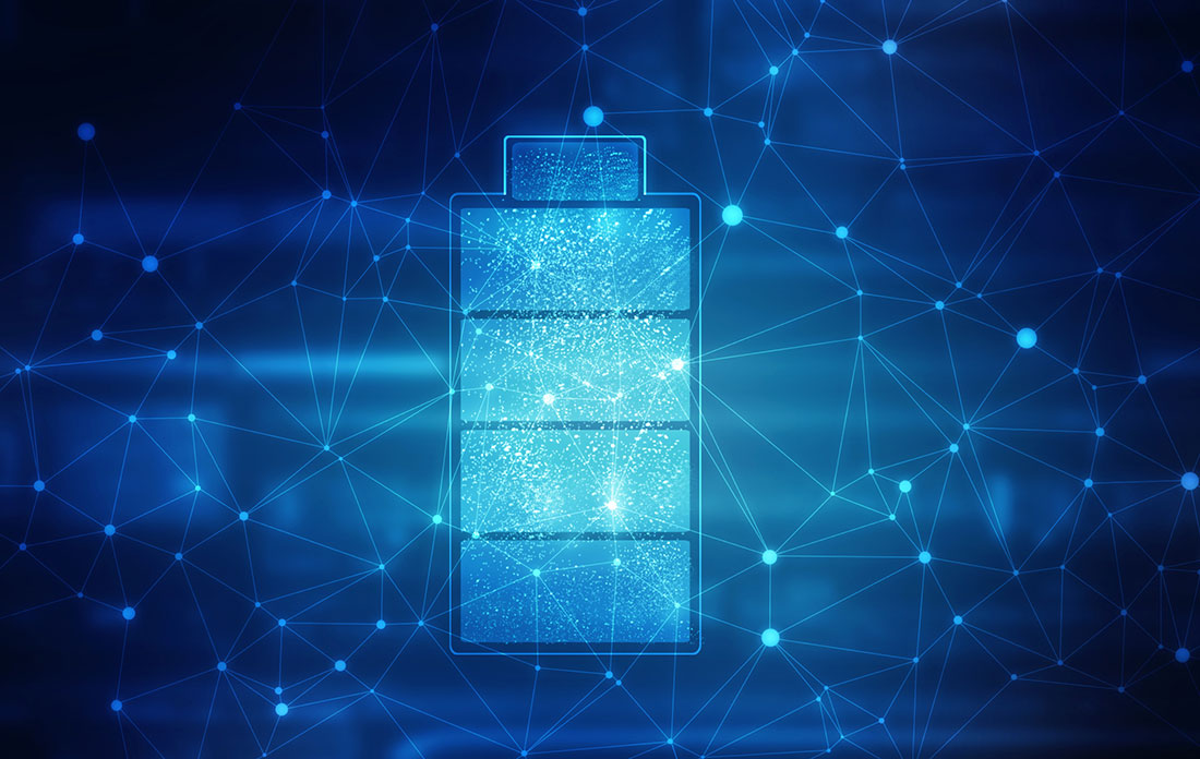 digital illustration shows a glowing battery icon centered against a blue background filled with int