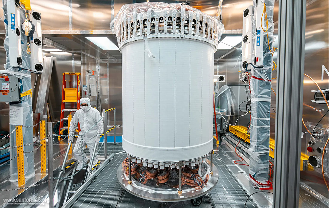 The LUX-ZEPLIN main detector in a surface lab before installation underground.