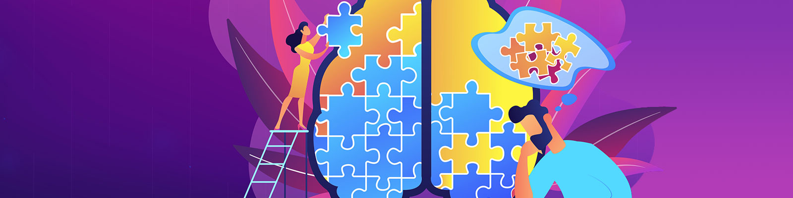 illustration, woman on ladder fitting puzzle pieces into a brain