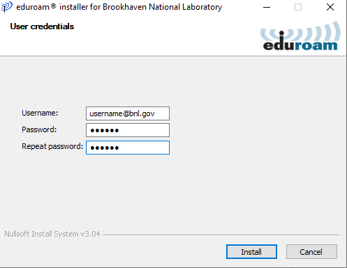 Eduroam User Credentials screen