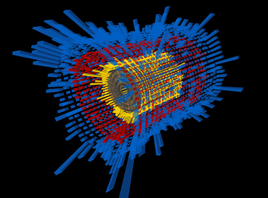 Visualization of signals from a gold-gold collision at RHIC, showing colorful bars radiating from a