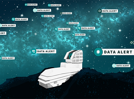 This artist's illustration represents the start of the alert stream from NSF–DOE Vera C.